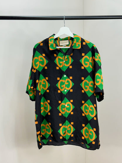 Gucci Black Green Gold GG Silk Shirt - 50