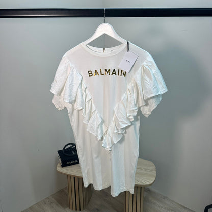 Kids Balmain White Long Ruffle Gold Logo Dress – Brand New Age 16