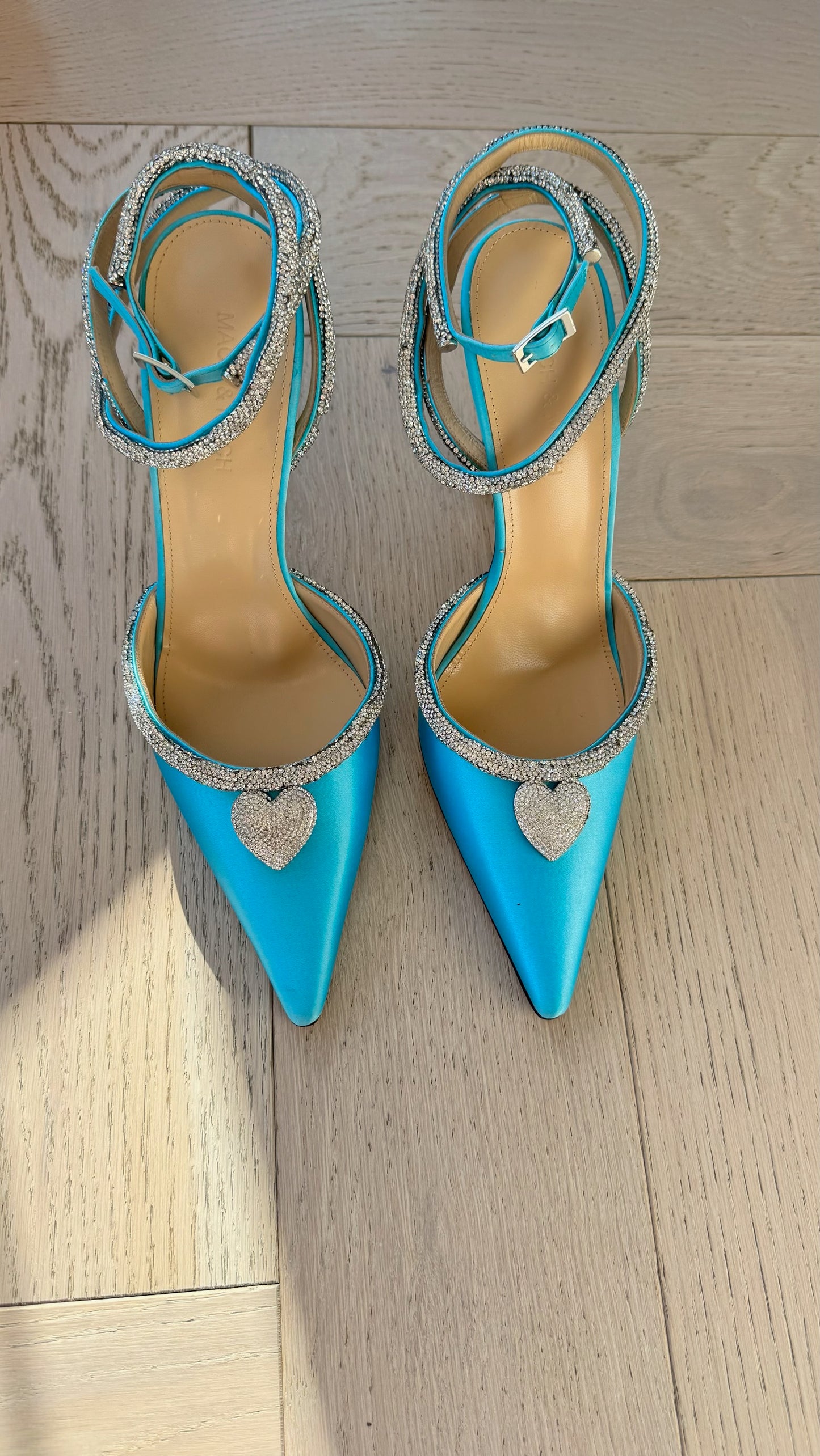 Mach & Mach Mach & Mach Crystal Heart Pointed Toe Pumps Blue Satin – EU 40/UK7