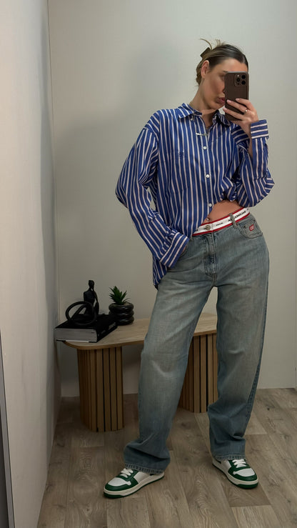 Balenciaga Dark Blue White Striped BB Logo Shirt - Size 36/S