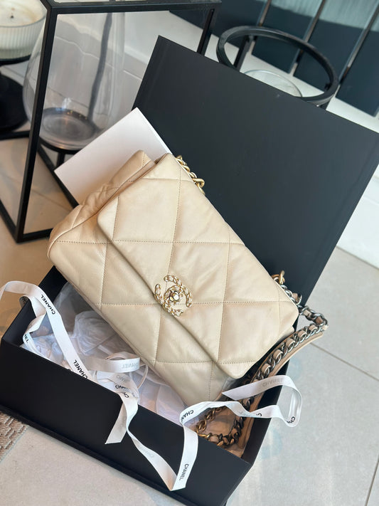 Chanel 19 Large Beige Lambskin Leather Bag