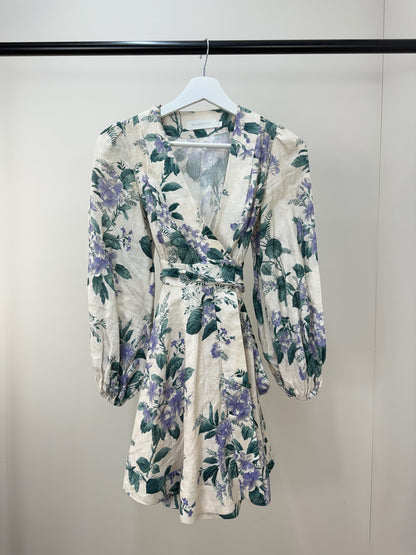 Zimmermann Cassia Floral-Print Linen Purple Green Floral Mini Dress -0