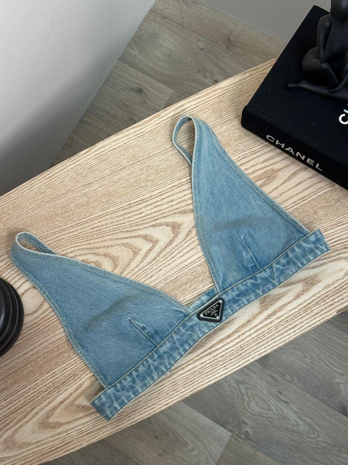 Prada Denim Plaque Logo Bralette Crop - EU 44