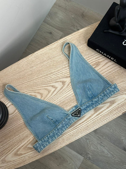 Prada Denim Plaque Logo Bralette Crop - EU 44