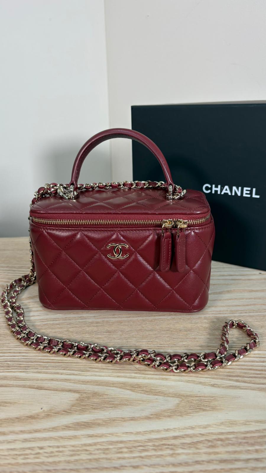 Chanel Lambskin Quilted Vanity Case with Chain in Burgundy