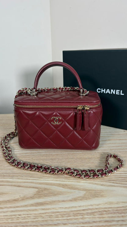 Chanel Lambskin Quilted Vanity Case with Chain in Burgundy