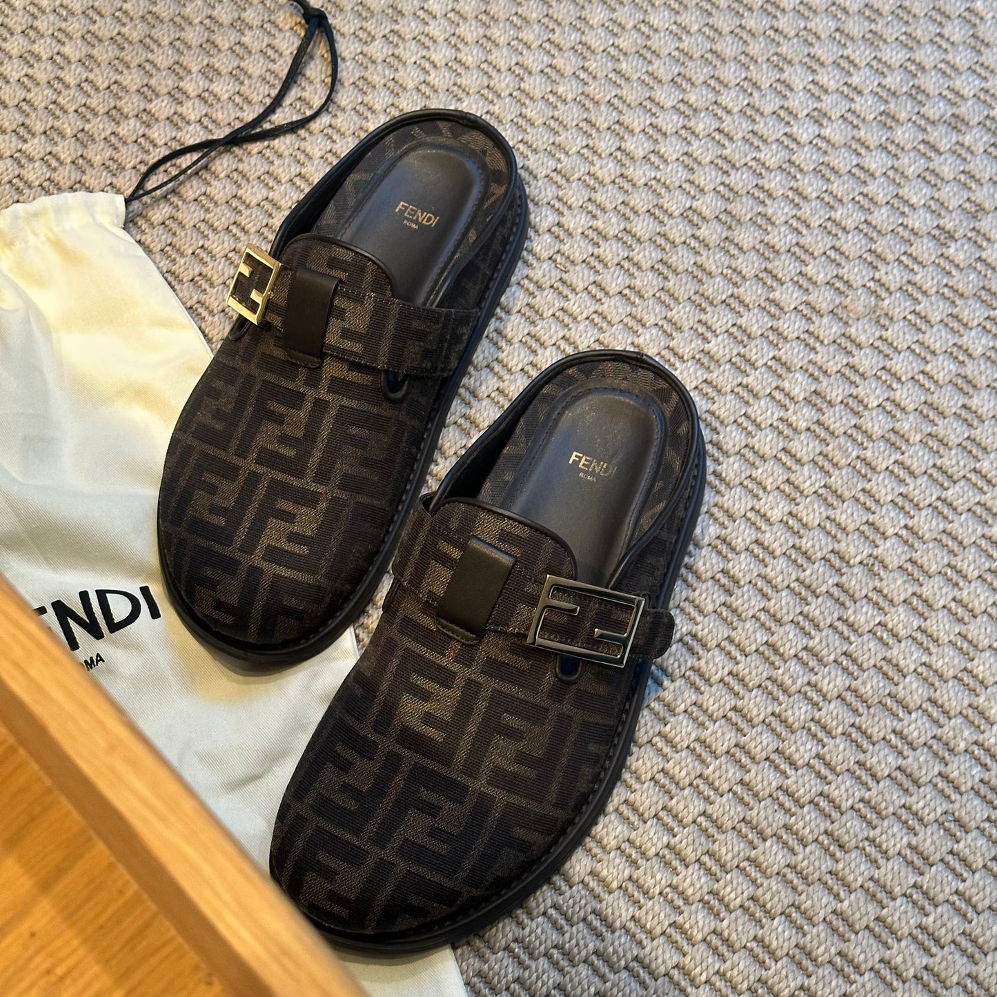 Fendi Brown FF gold mule slip on shoe - UK 7