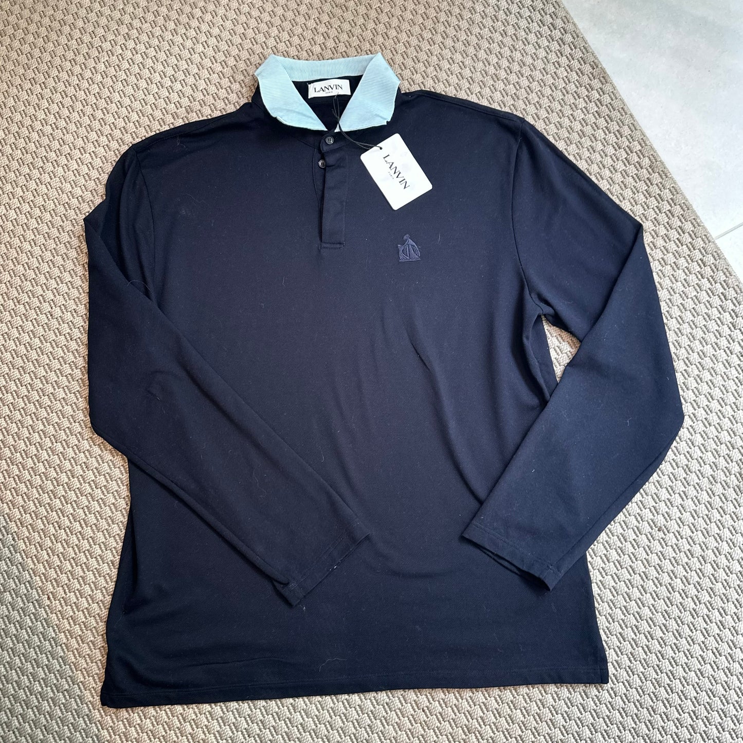 Lanvin Navy Long Sleeve Contrast Collar Polo, Brand New - XXL