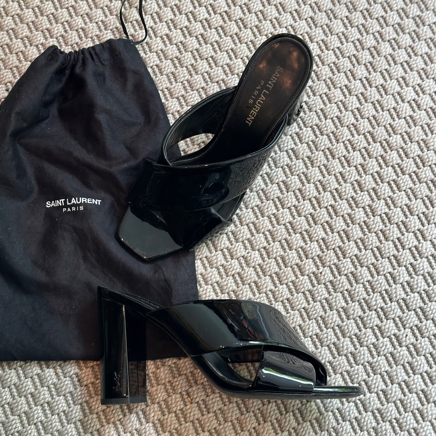 YSL Black Loulou Patent Cross Strap Slip-On Heeled Sandals – EU 38 / UK 5