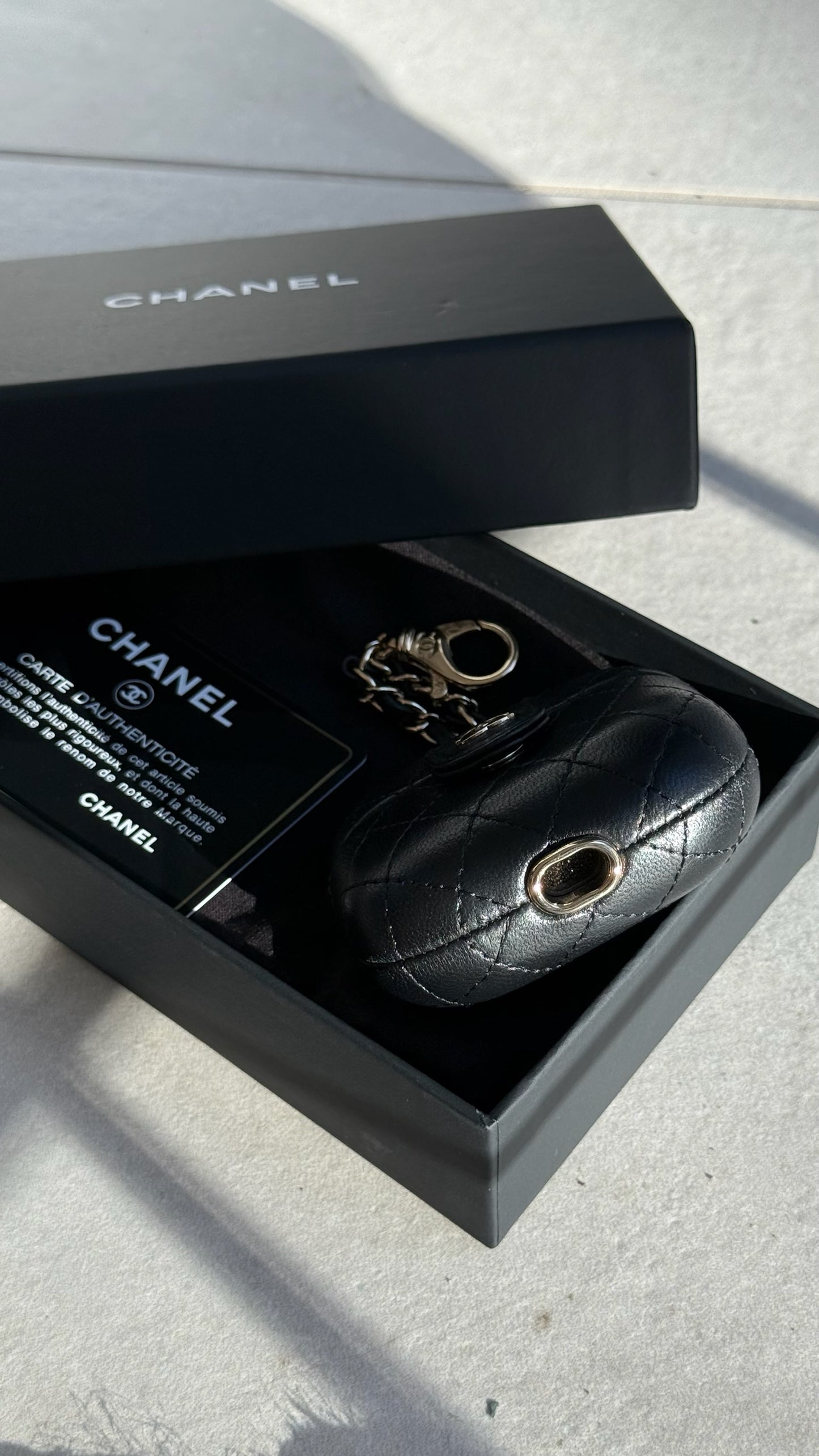 Chanel Black CC Apple Airpods Case On Chain Quilted Caviar Leather - One Size