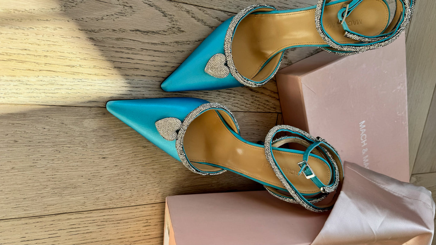 Mach & Mach Mach & Mach Crystal Heart Pointed Toe Pumps Blue Satin – EU 40/UK7