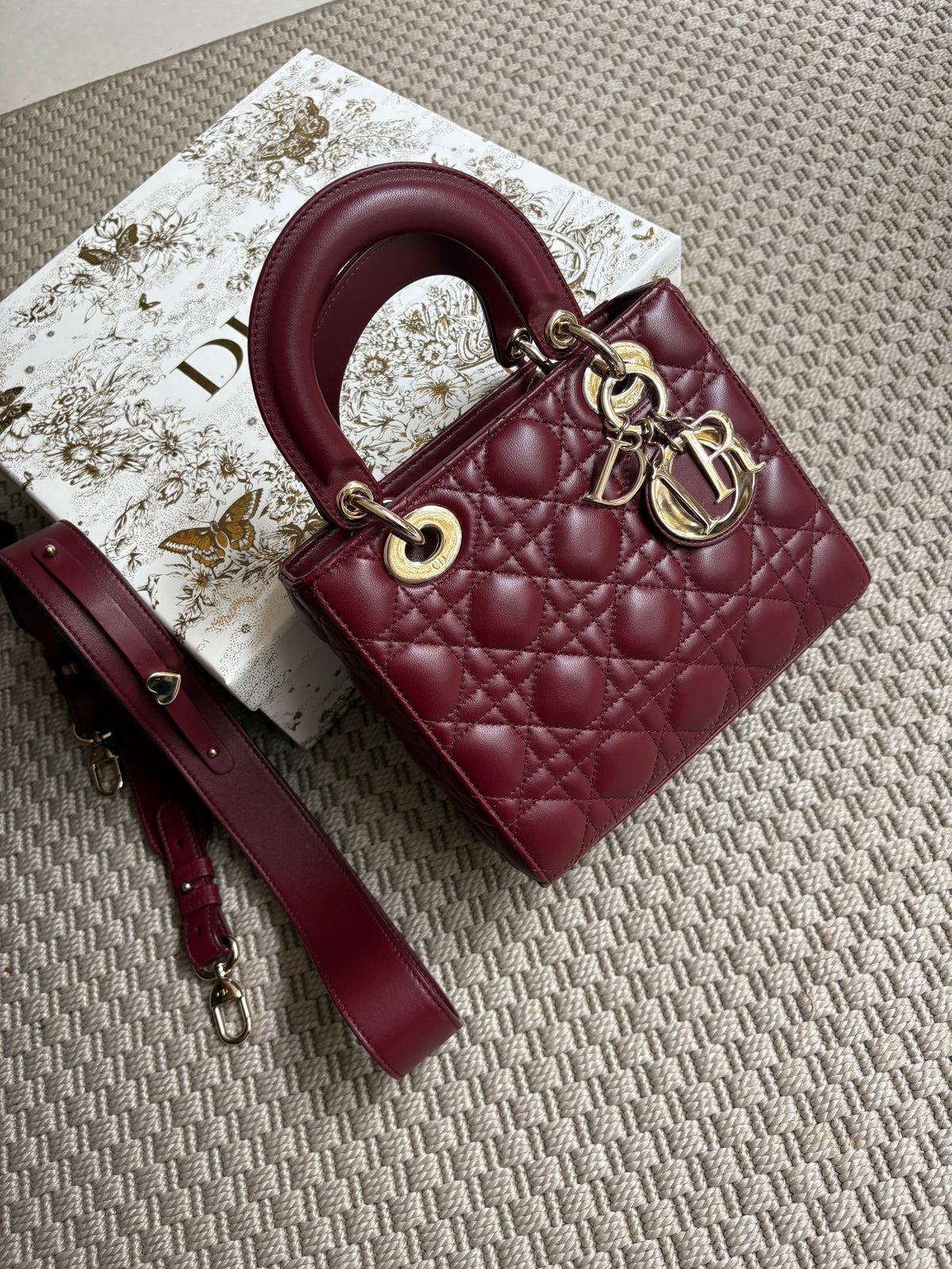 Dior Small Lady Dior burgundy cannage lambskin bag