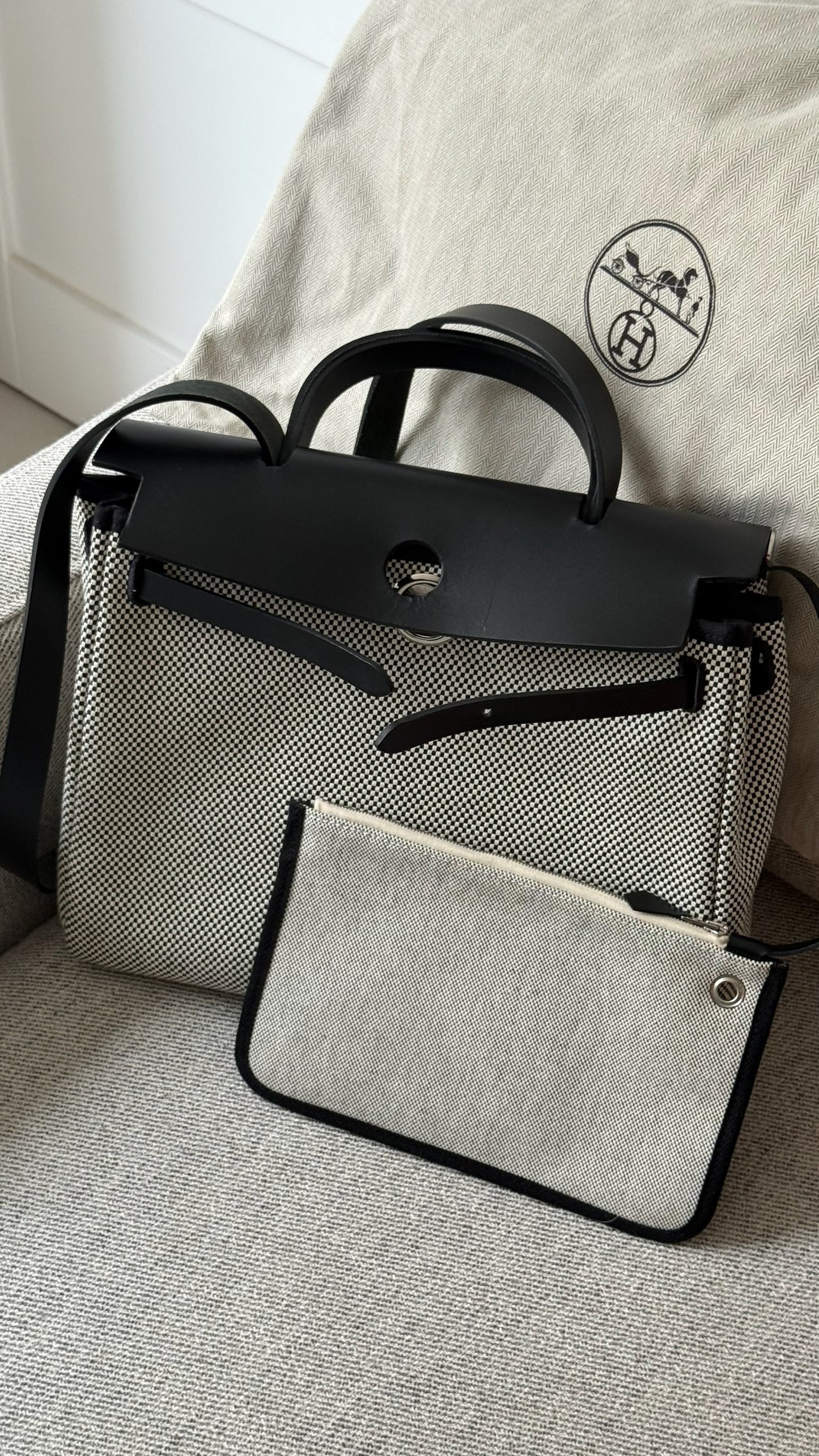 Hermès  Herbag 31 Vache Hunter Toile Quadrille Viking Black White Full Set