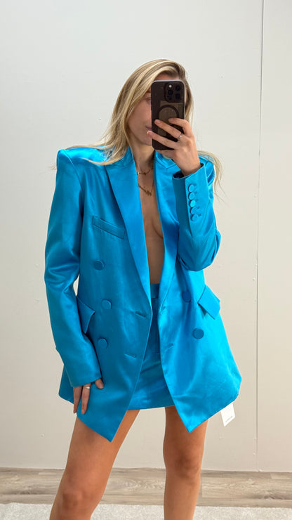 Alex Perry Blue Duchess Silk Blazer Skirt Set, In Tags - UK 8