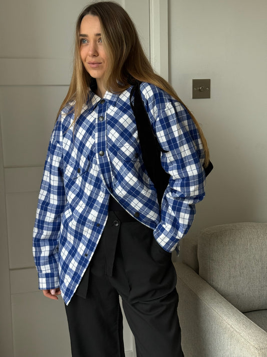 Balenciaga Blue White Checked Swing Quilted Jacket - size 34-SMALL