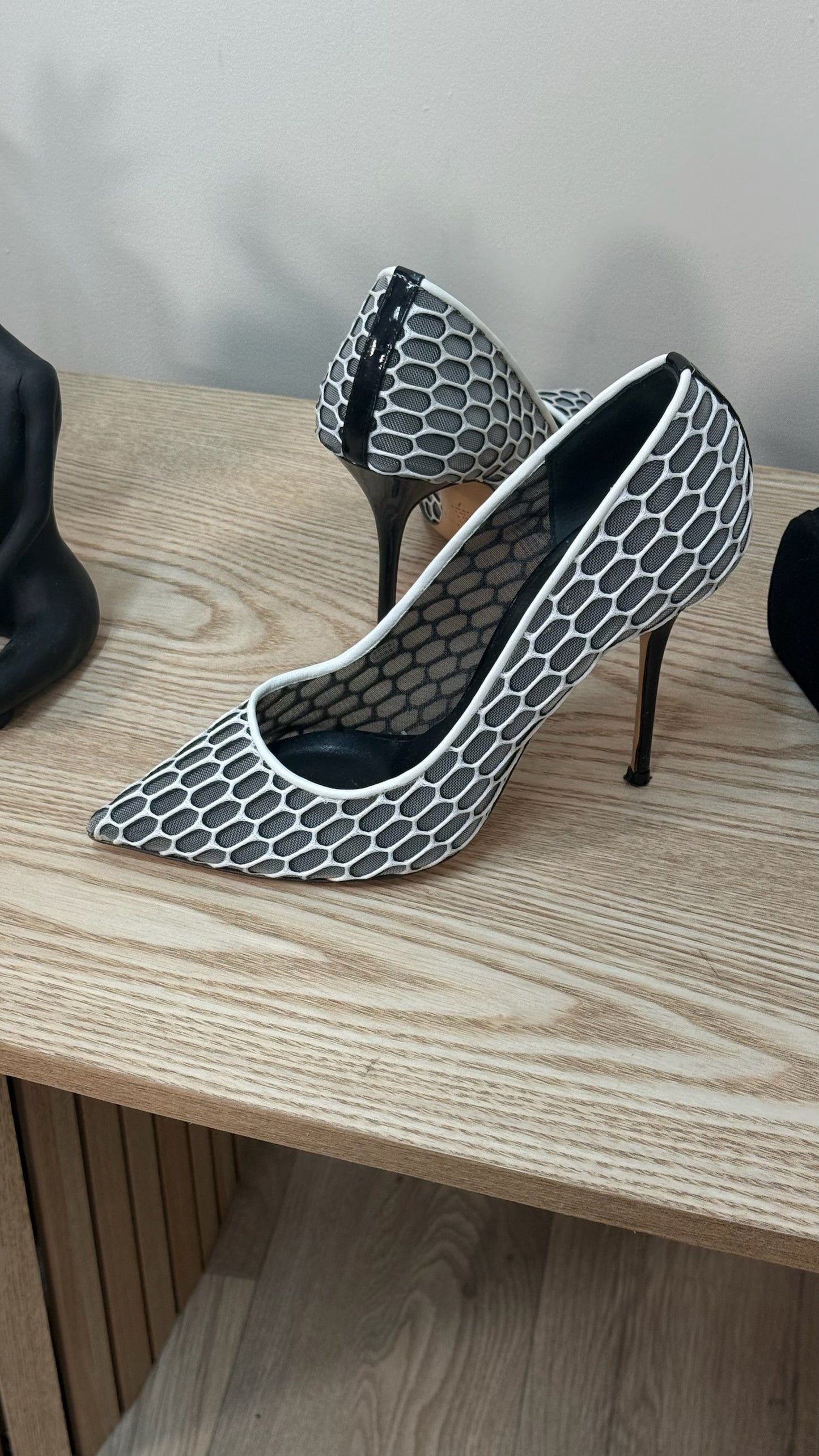 Casadei White And Grey Net Heels - UK 4