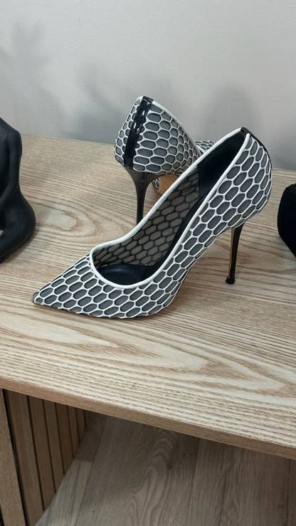 Casadei White And Grey Net Heels - UK 4