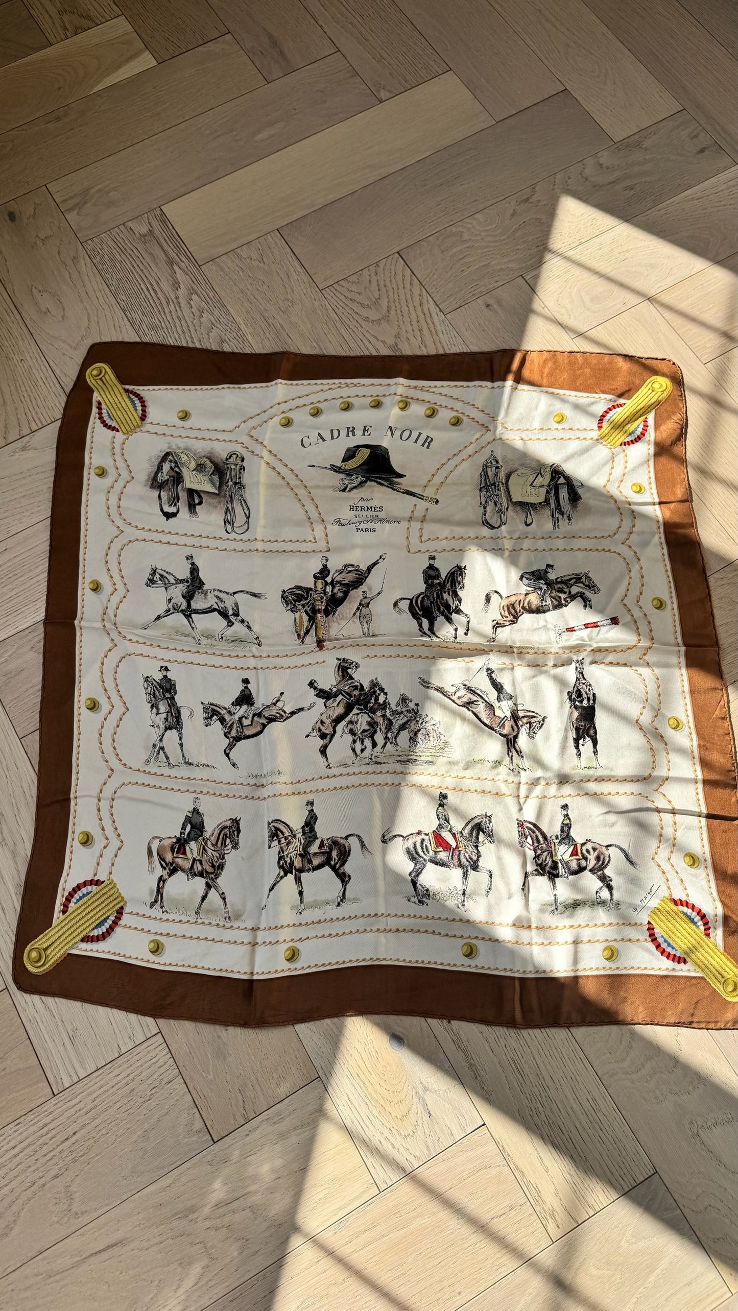Hermès Cadre Noir Brown Cream Silk Scarf