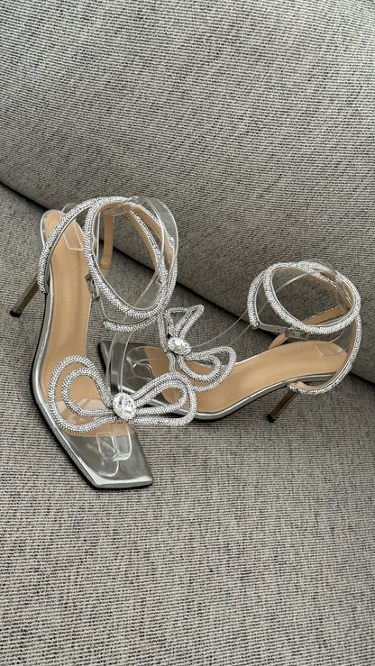 Mach & Mach Silver Sequin Diamanté Bow Heels - UK 6.5 - Suited for UK 4.5