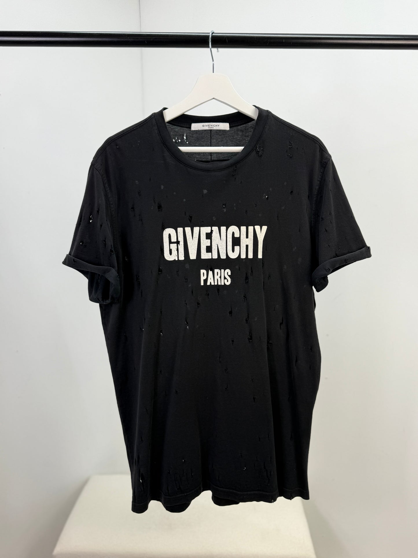 Givenchy Black Distressed T-Shirt with Rolled Sleeves - Small