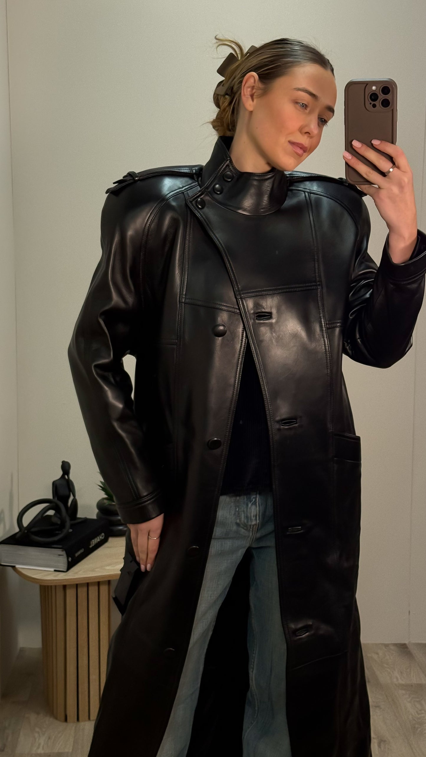 Saint Laurent Biker Leather Smooth Black Trench Coat - New In Tags FR 38/S-M