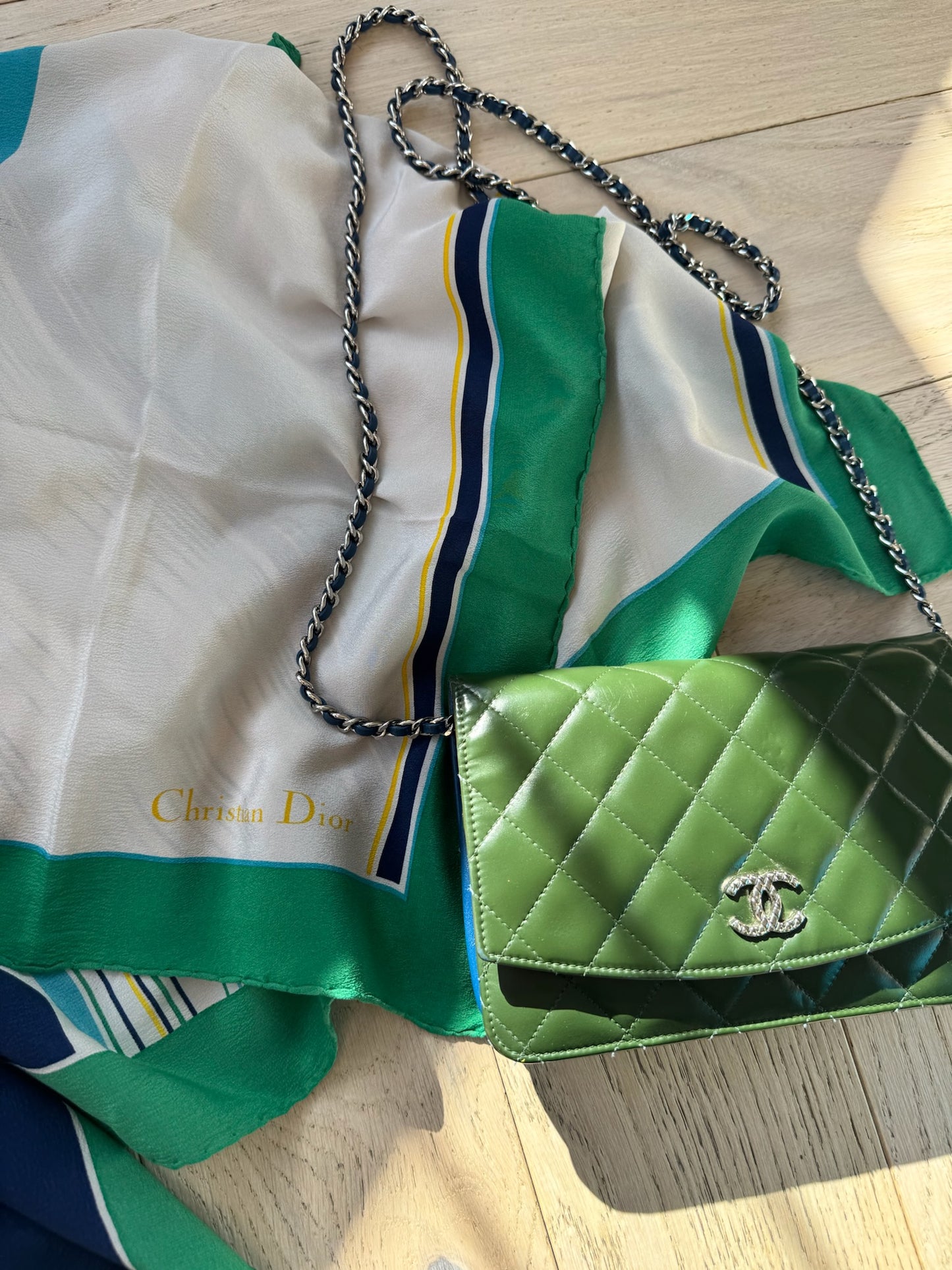 Chanel Green Quilted Patent Chanel Wallet On Chain