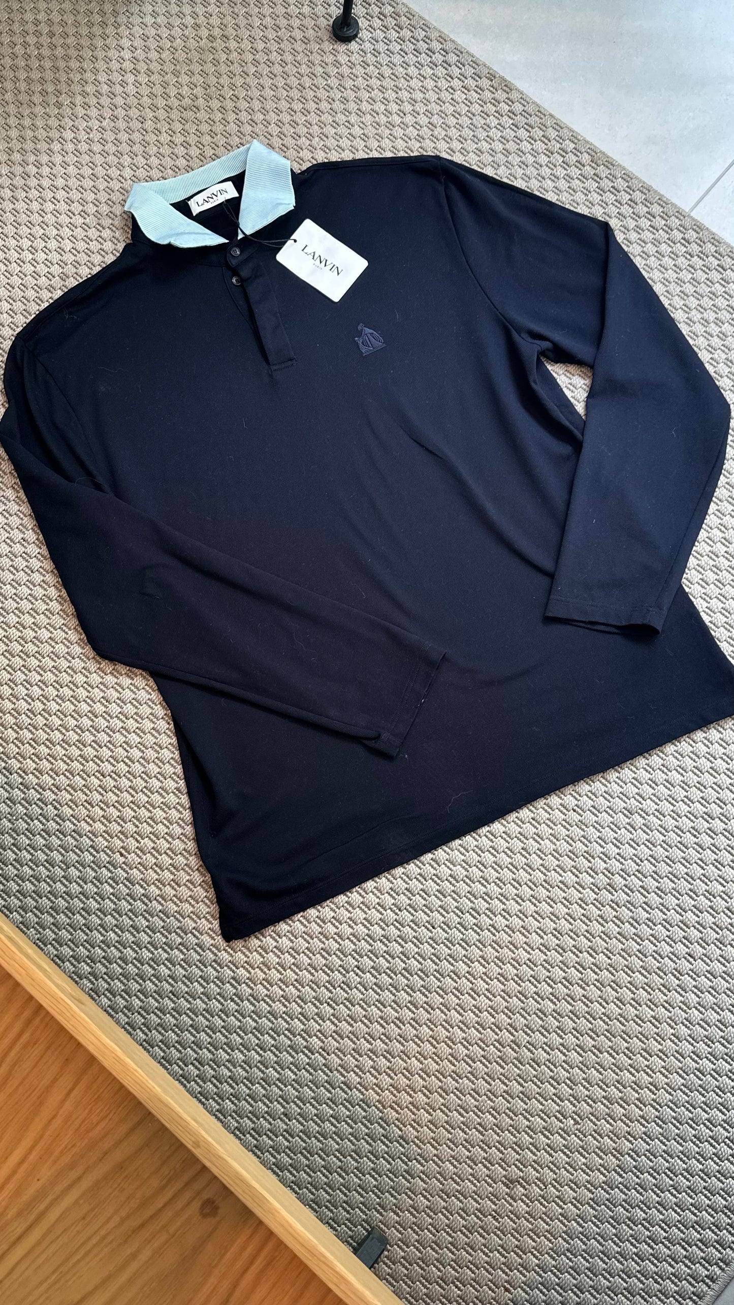 Lanvin Navy Long Sleeve Contrast Collar Polo, Brand New - XXL