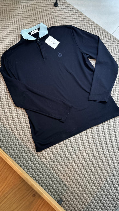 Lanvin Navy Long Sleeve Contrast Collar Polo, Brand New - XXL