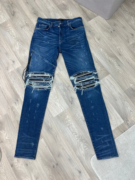 Amiri Blue Denim Distressed Knee with Side Zip Jeans - 33