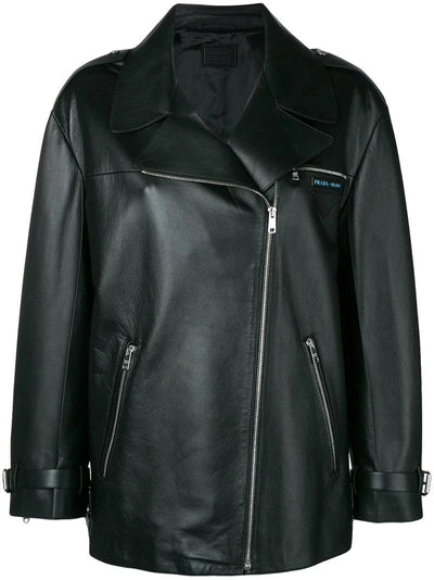 Prada Black Leather Silver Zip Biker Jacket - Size 40/M