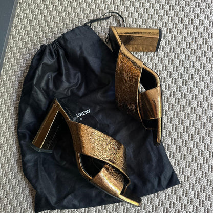 YSL Gold Cross Strap Slip-On Heeled Sandals – EU 38 / UK 5