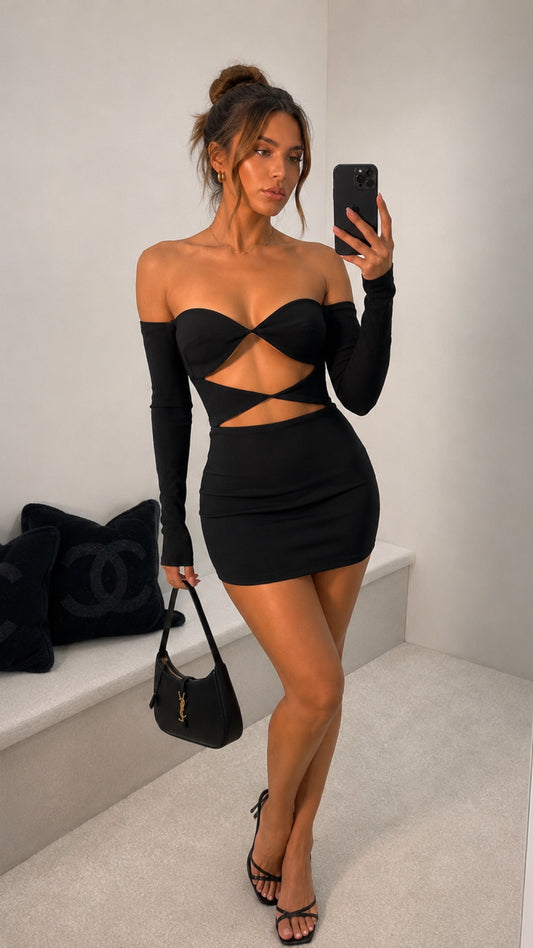ALEX PERRY Black Strapless Longsleeve Cut Out Dress- UK 10