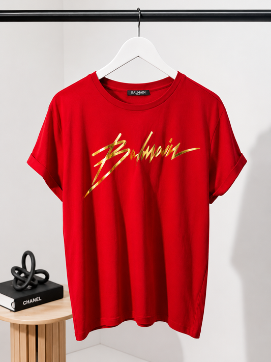 Balmain Red Gold Logo T-Shirt – IT 40
