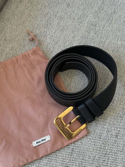 Miu Miu Black Gold Logo Embellished Leather Belt - 34/85