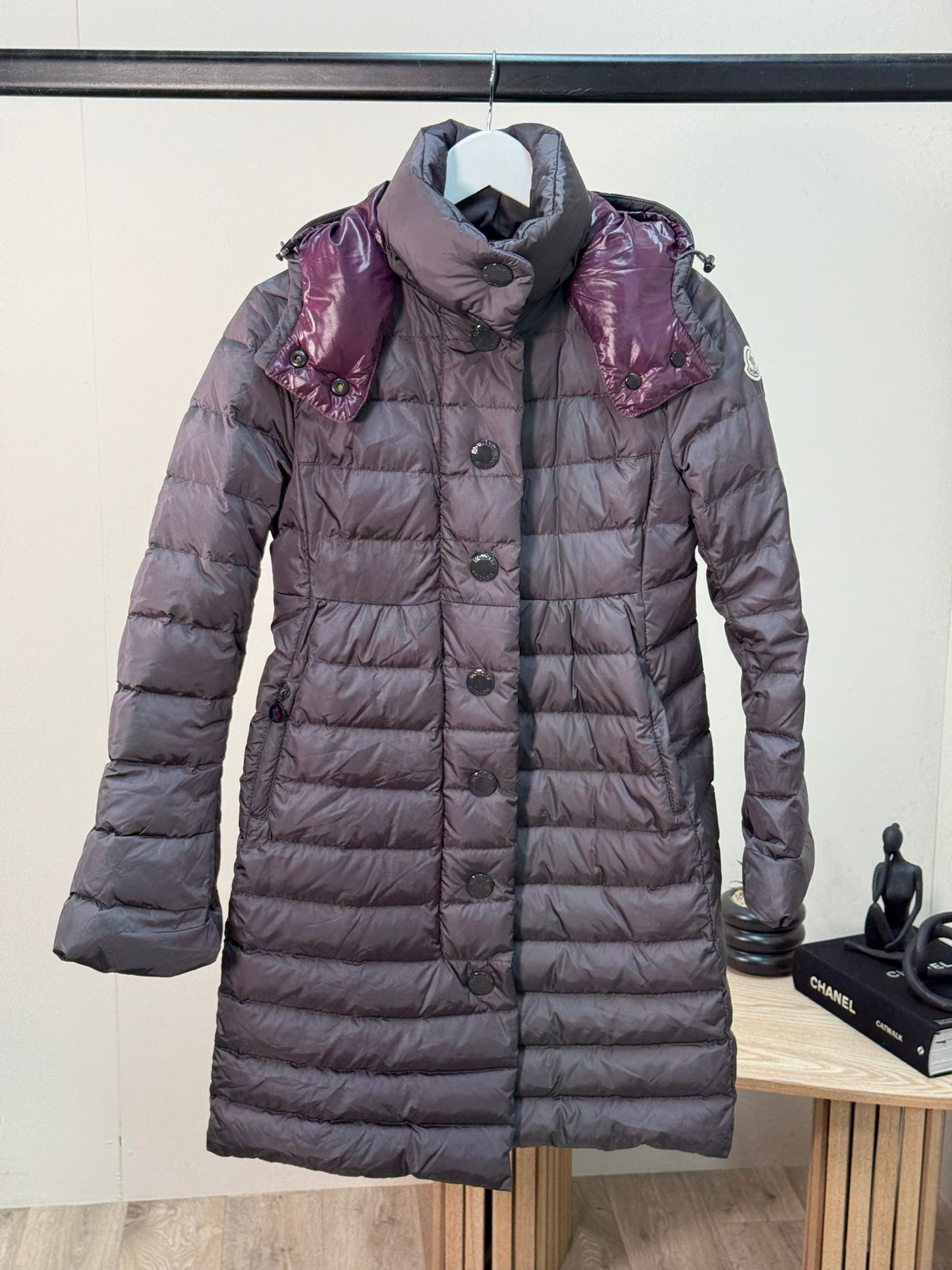Moncler Jura Down Coat In Dark Grey With Purple Lining -Size 1/Small