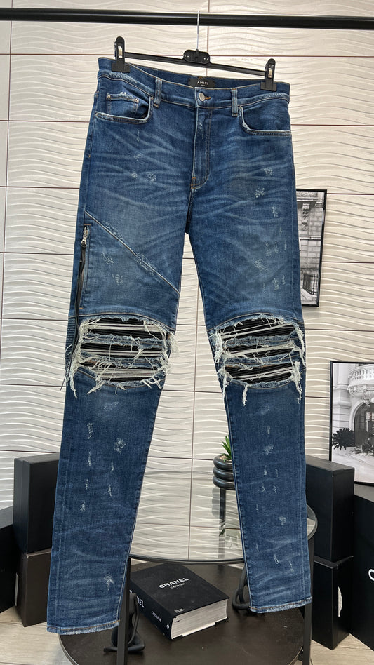 Amiri Blue Denim Distressed Knee with Side Zip Jeans - 33