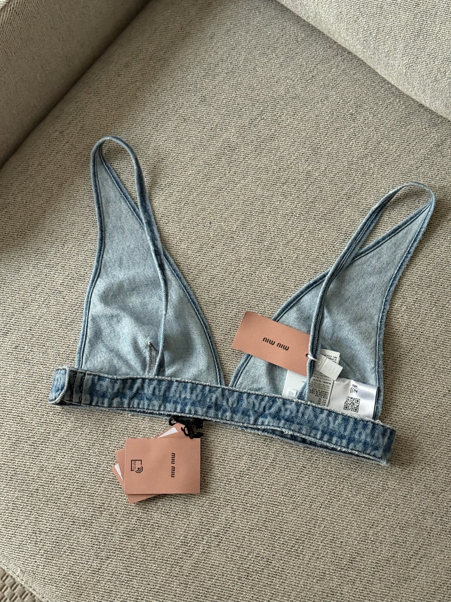 Miu Miu Denim Multi-Logo Bralette Crop - New In Tags 40 / Medium