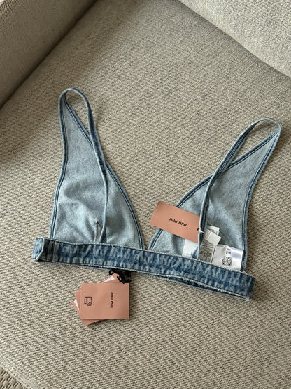 Miu Miu Denim Multi-Logo Bralette Crop - New In Tags 40 / Medium