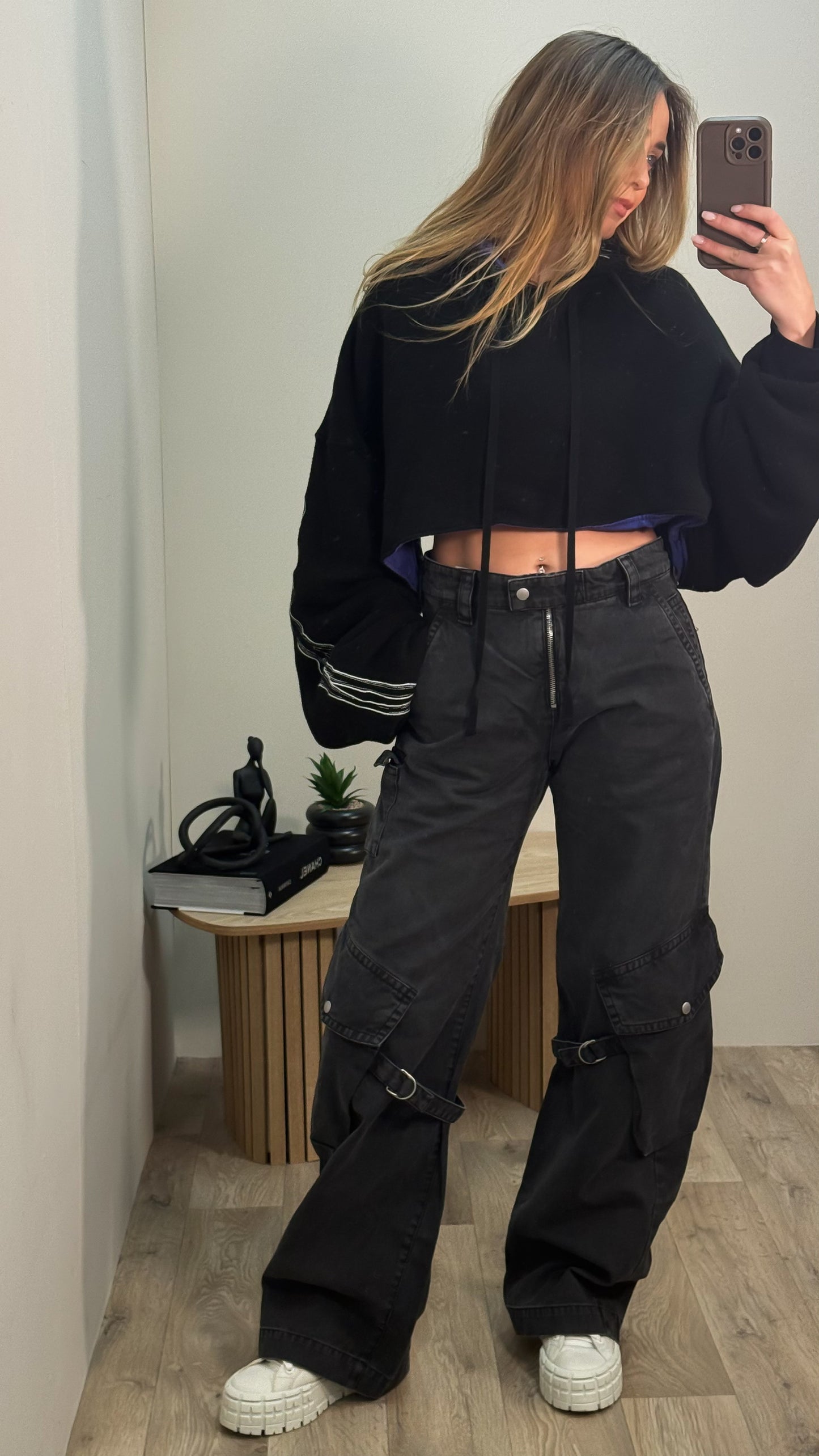 Unravel Black And Purple Cropped Hooded Jumper - Small