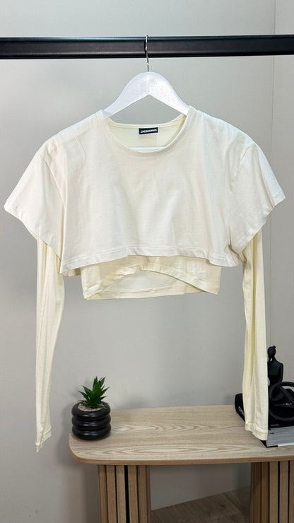 Jacquemus Cream & White Cropped Long Sleeve Layered Top - Medium
