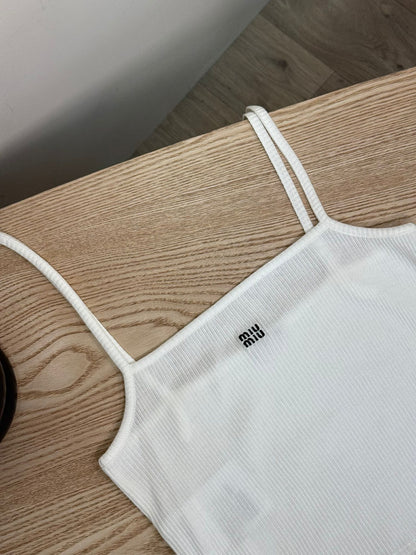 Miu Miu White Frill Ribbed Vest Top - Medium