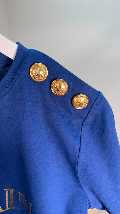 Balmain Blue Gold Logo T-Shirt With Gold Buttons – IT 38