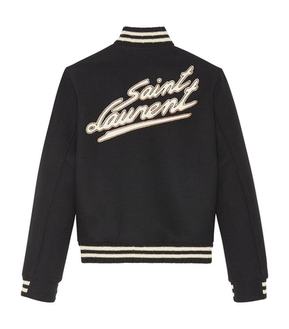 Saint Laurent Black & White Wool-Rich Teddy Varsity Bomber Jacket – 52 / XL
