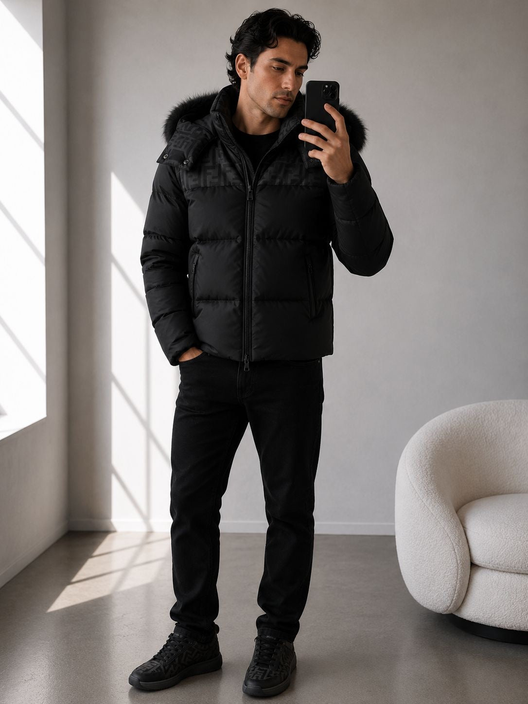 Fendi Black Puffer FF Zucca Print Coat – IT 50