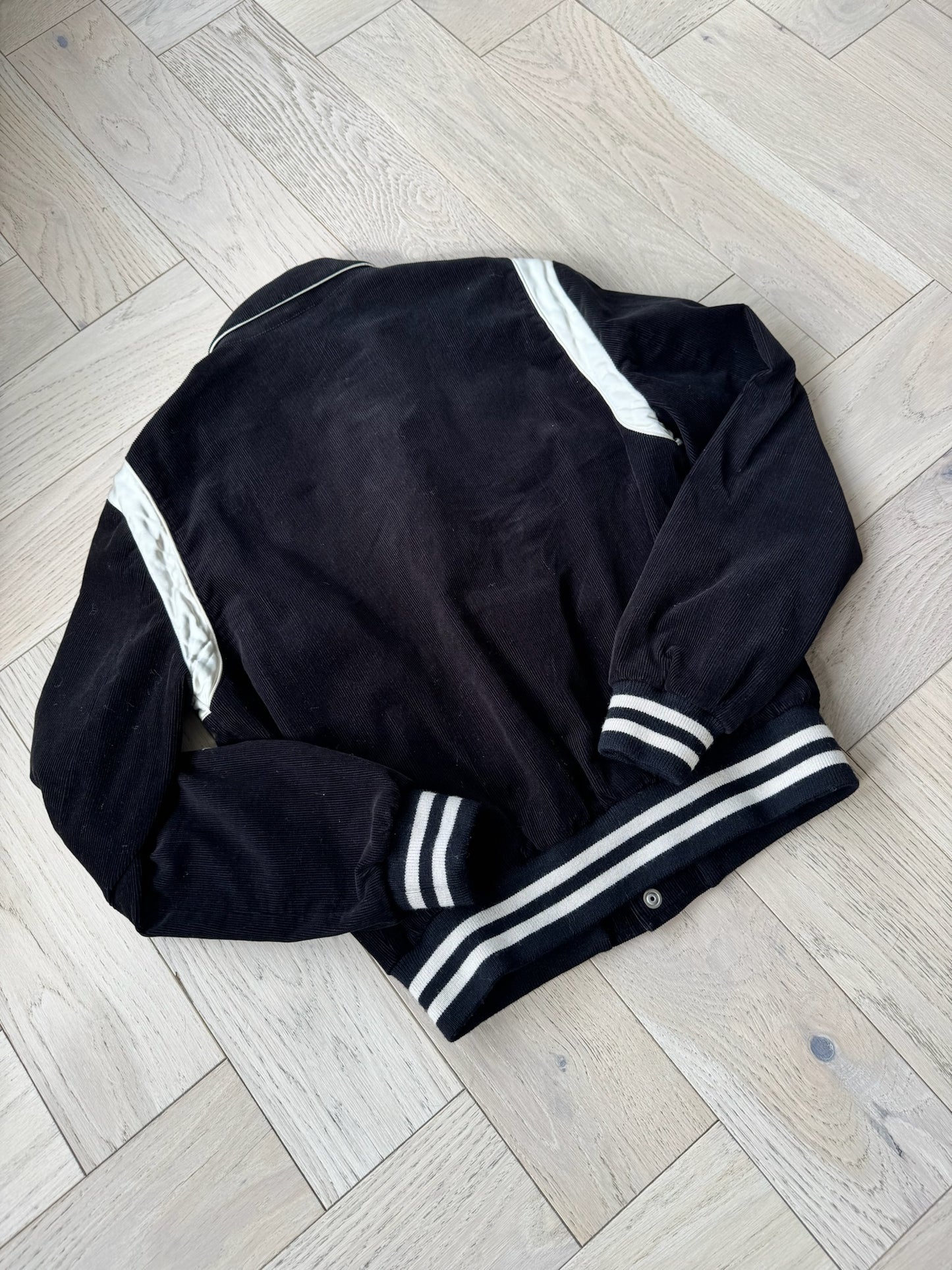 Celine Black & White Teddy Satin-Trimmed Cotton-Corduroy Varsity Jacket –48