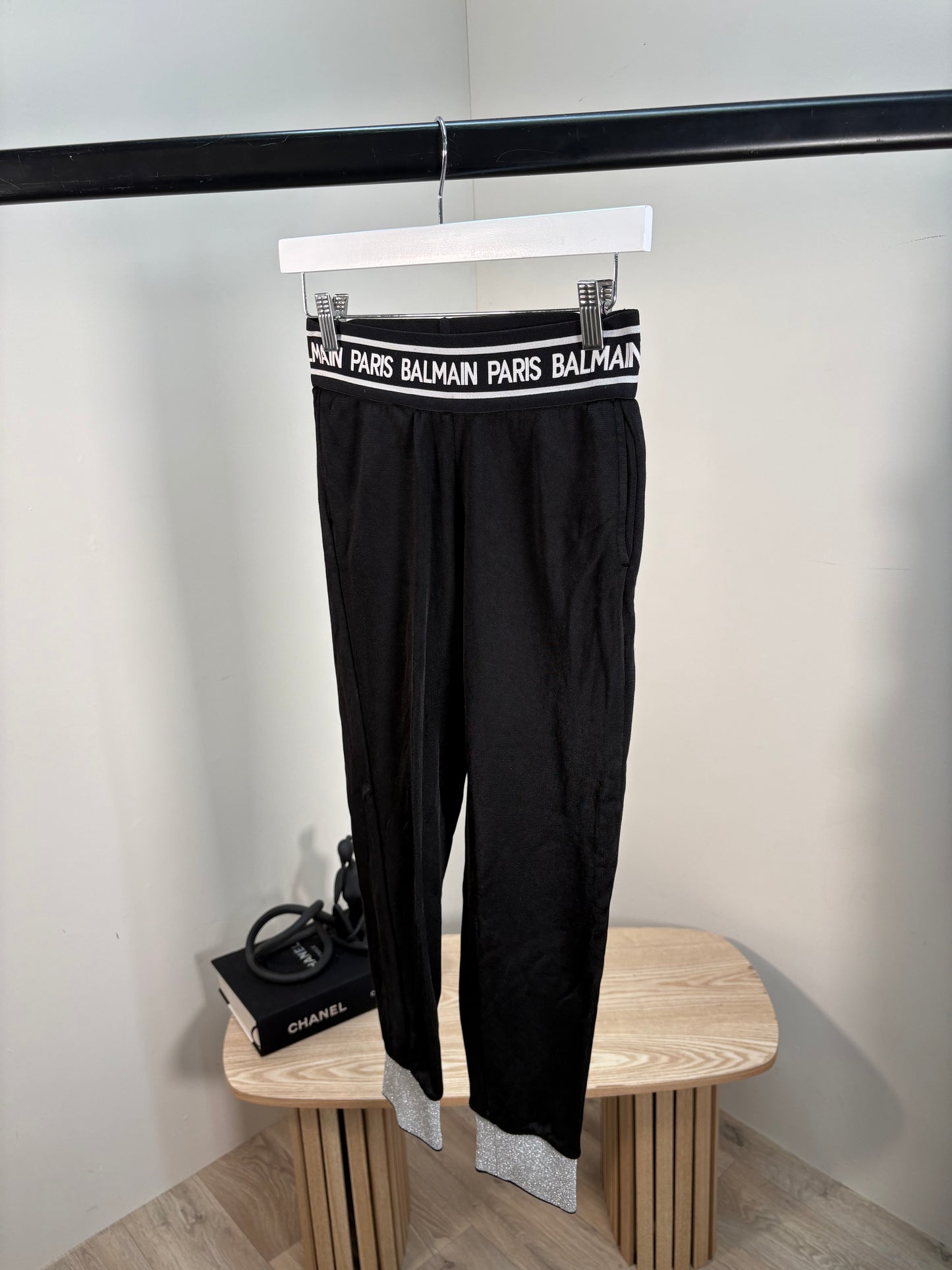 Kids Balmain White Logo Waist Black Silver Cuff Tracksuit Bottom’s – Age 12