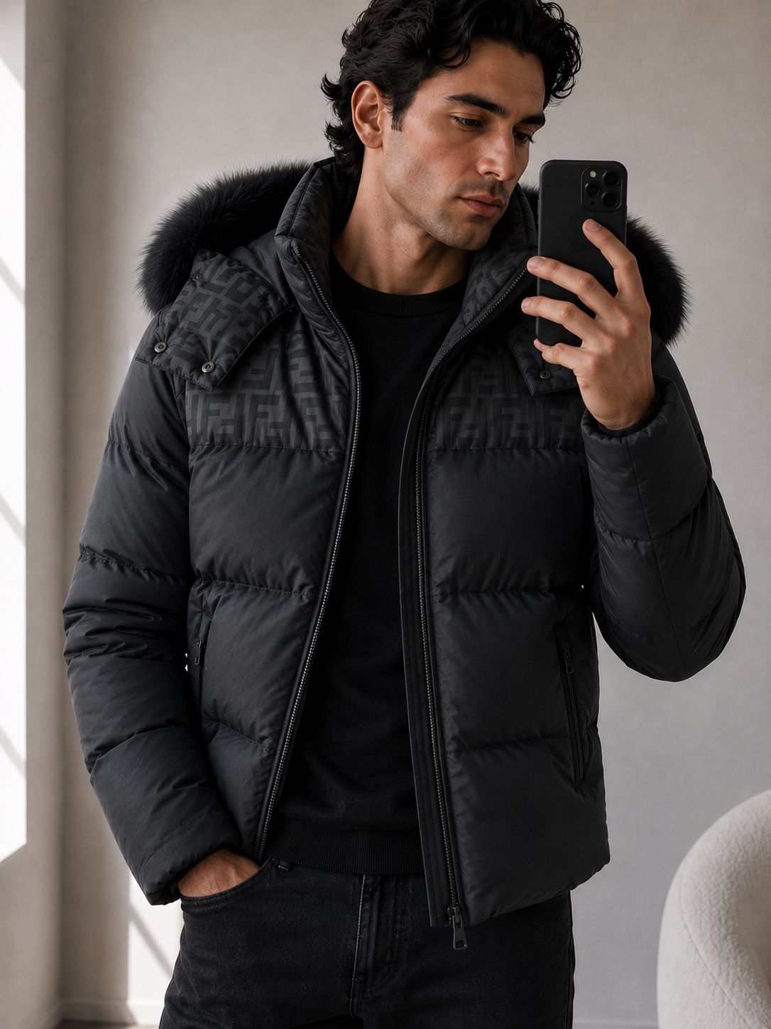 Fendi Black Puffer FF Zucca Print Coat – IT 50