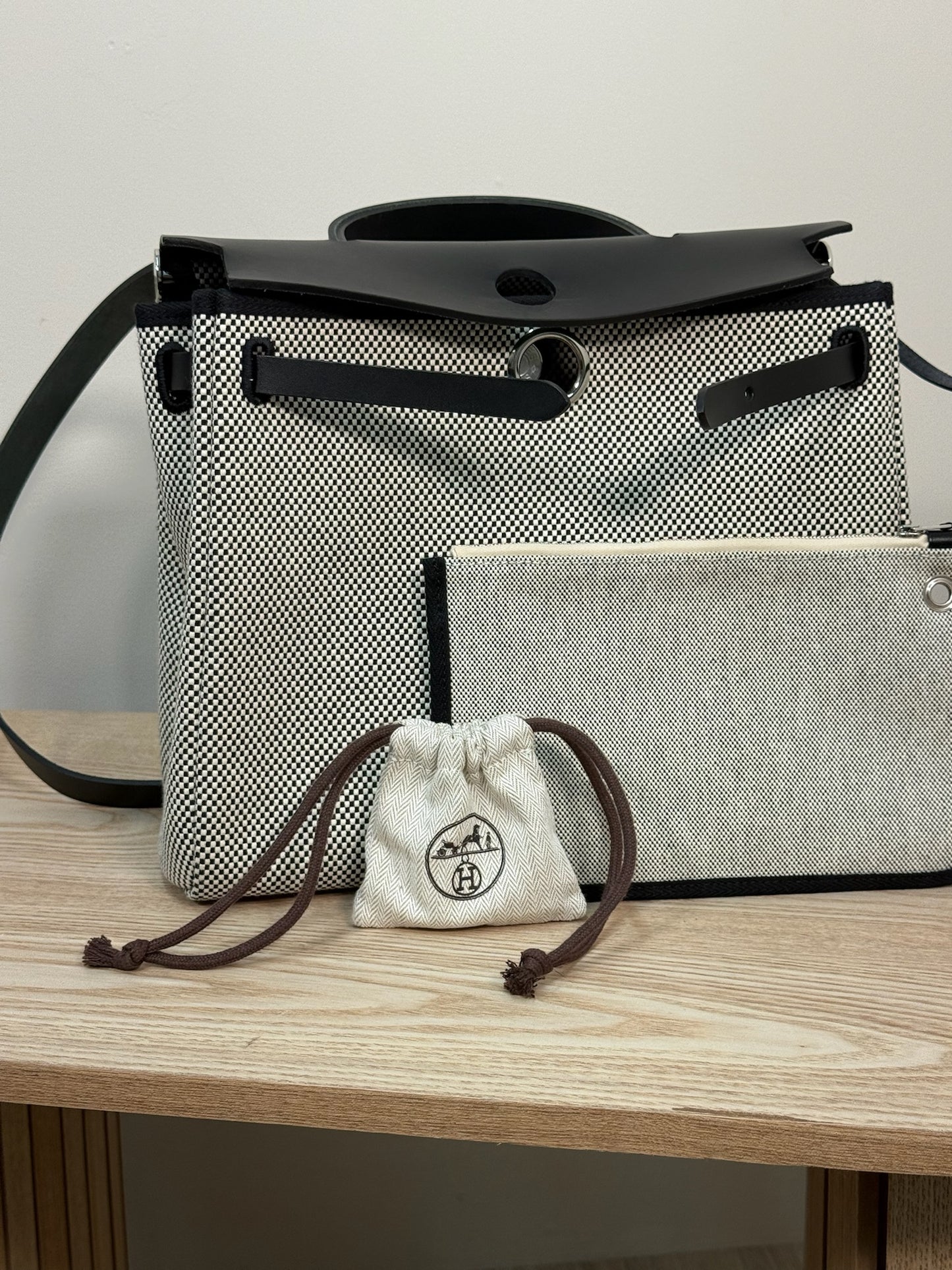 Hermès  Herbag 31 Vache Hunter Toile Quadrille Viking Black White Full Set