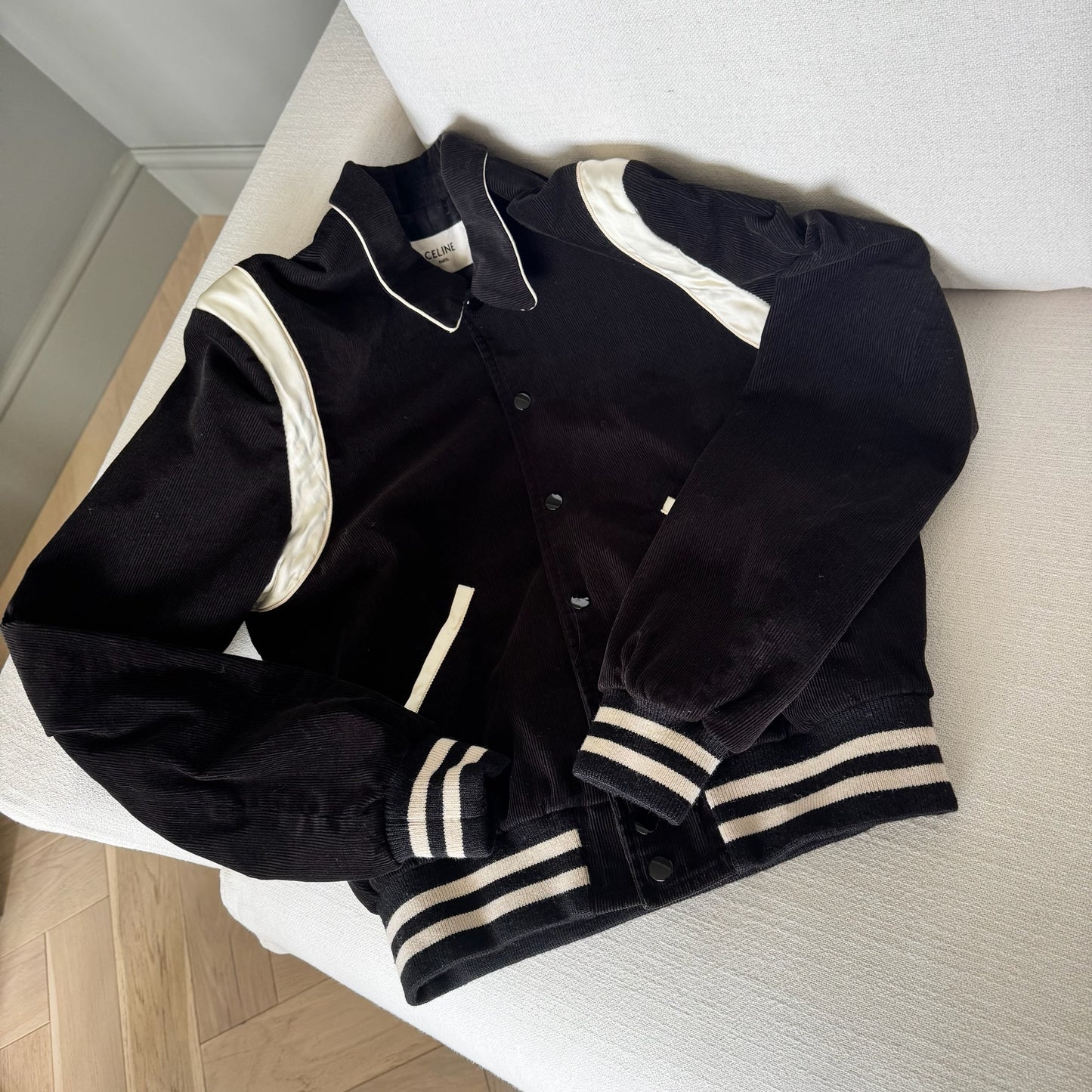 Celine Black & White Teddy Satin-Trimmed Cotton-Corduroy Varsity Jacket –48