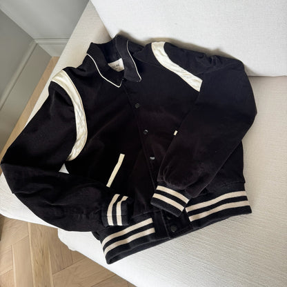 Celine Black & White Teddy Satin-Trimmed Cotton-Corduroy Varsity Jacket –48